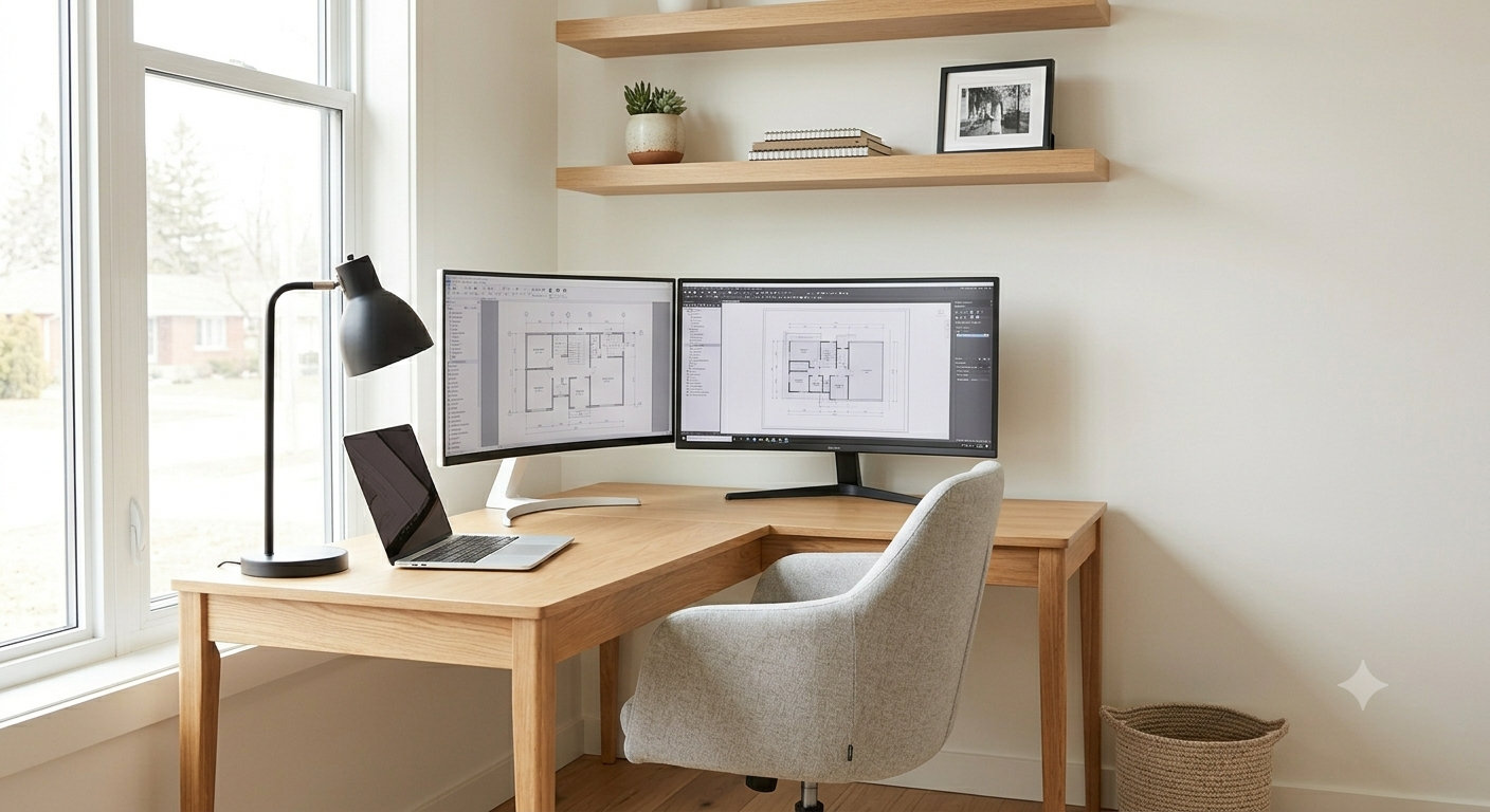 Modern office space decor featuring a desk, dual monitors, and stylish chair in a bright workspace.