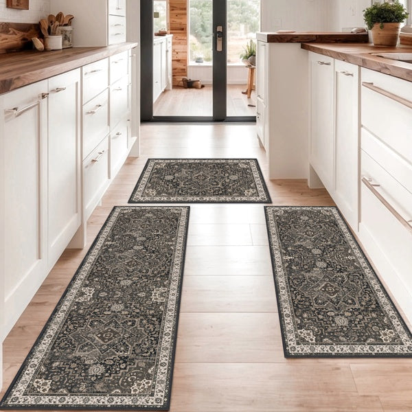 Washable Boho Kitchen Rugs and Runner Carpets in a modern kitchen setting, showcasing non-slip features and stylish design.
